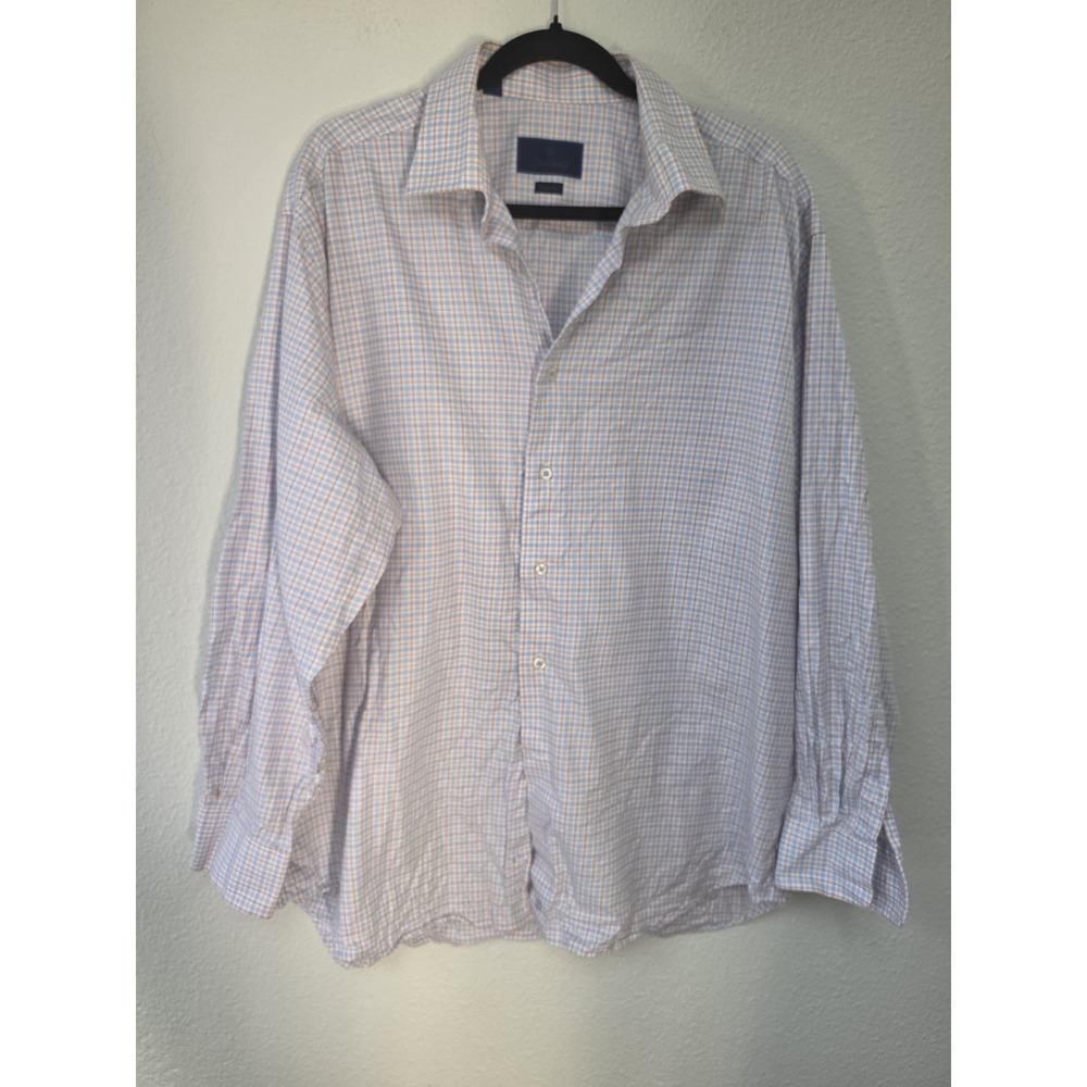 David Donahue Dress Shirt 17.5 34/35 Plaid Blue Orange White Cotton Classic